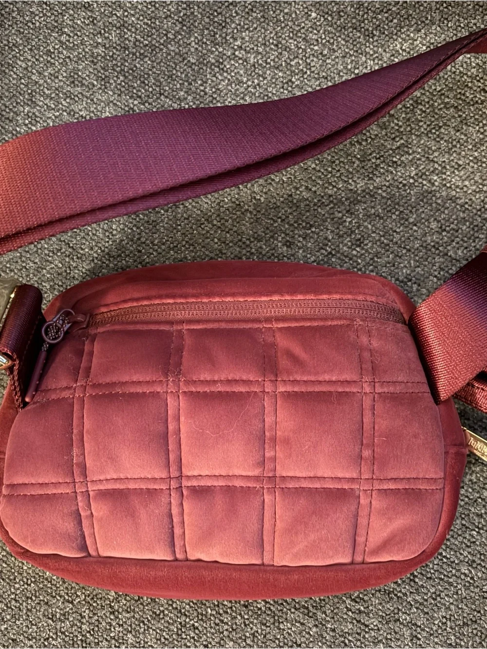 lululemon Quilted Crossbody Belt Bag — Burgundy Velour with Gold Hardware
